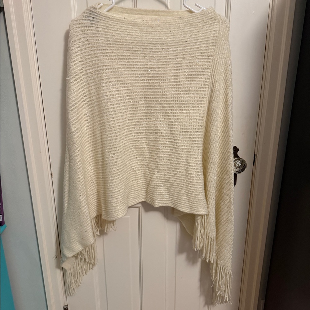 Charlie Paige Bejeweled Poncho – One Size, Cream with Sparkles & Fringe